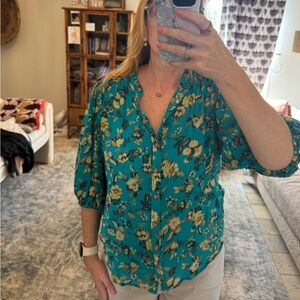 Maeve Turquoise Floral Button-Down Blouse